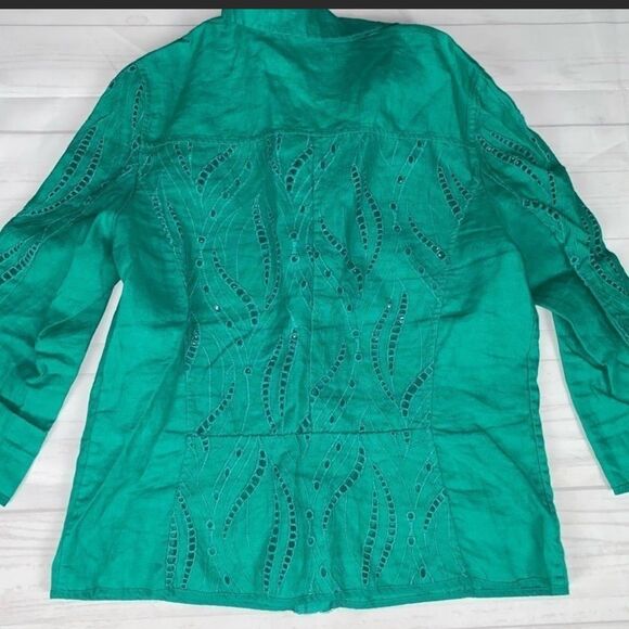 Chico's Jade Green Linen Eyelet Zip Up Jacket Size 0 - Picture 8 of 9